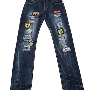 Men's Skinny Distressed Dark Blue Jeans with Patch Details